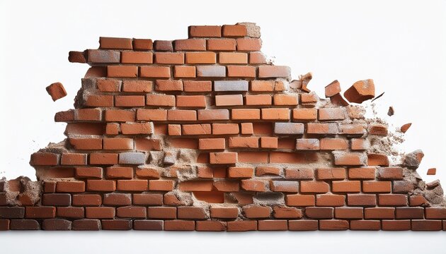 damaged cracked brick wall with broken masonry isolated on white background construction demolition texture concept