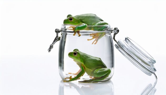 green frogs inside glass jar isolated on white background