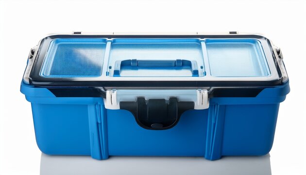 blue portable ice chest cooler box opened on white background
