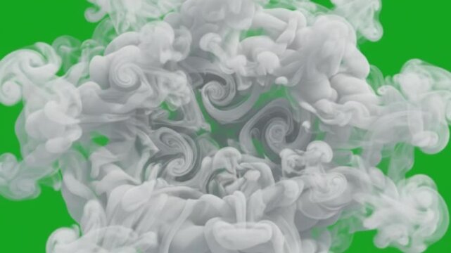Realistic Dense White and Gray Smoke Cloud Billowing and Expanding on Clean Green Screen Background, Cinematic VFX Overlay