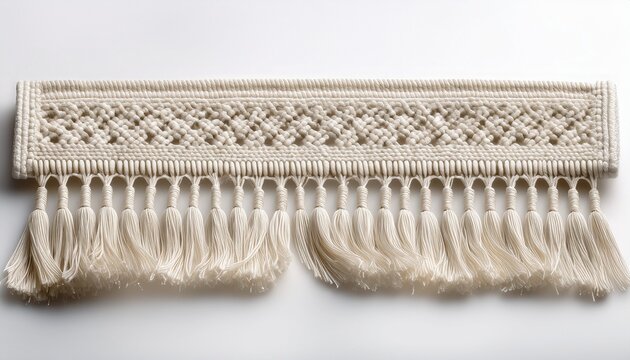 long rectangular off white handmade textile strip featuring a heavy knotted weave and decorative frayed side tassels for a rustic bohemian look isolated white background image