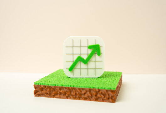 A plot of land and a growth chart. Rising prices in the land market, profitable investments. Concept of real estate growth and financial opportunity in agriculture.