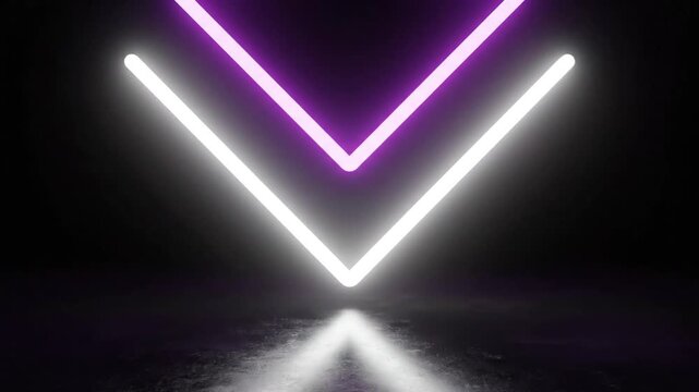 Abstract glowing neon down arrows reflecting on dark wet floor