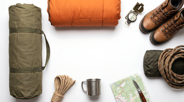 Camping Gear Flat Lay With Sleeping Bag Boots Compass Map Rope and Mug