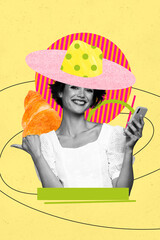 Image banner vertical art collage of happy minded girl guy wear hat hand hold chin contemplation...