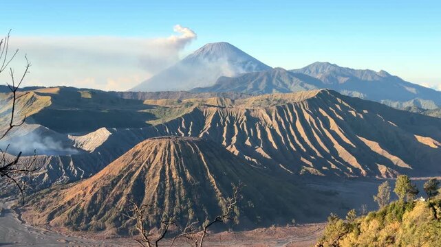 Scenic of Mount Bromo and Mount Semeru at sunrise in the Bromo Tengger Semeru National Park
