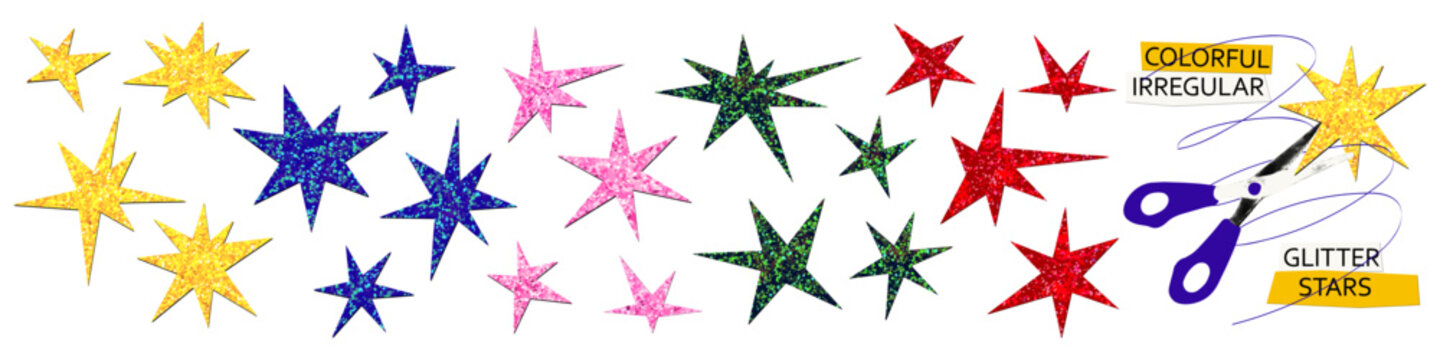 Colorful irregular glitter stars and starbursts set in gold, blue, pink, green and red. Sparkling cut out shapes, bright festive decorative stickers for scrapbook. Vector on transparent background