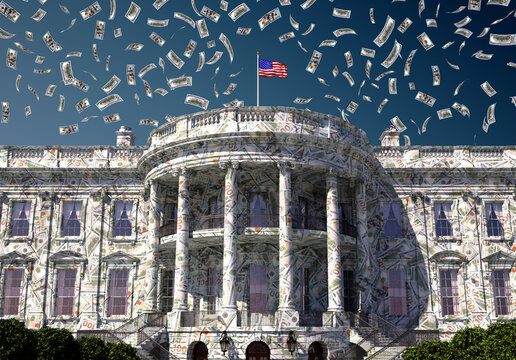 Conceptual 3D illustration of a White House covered with hundred dollar bills while banknotes fall from the sky, symbolizing wealth, power, money and political influence.