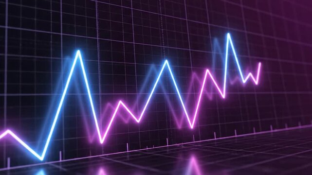 Abstract neon glowing line graph showing data fluctuation on a dark grid