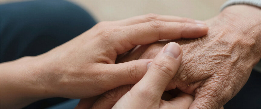 A younger hand gently holds an elderly hand with visible wrinkles and veins, conveying care and support in a softly lit setting. Podcast cover for themes of aging,