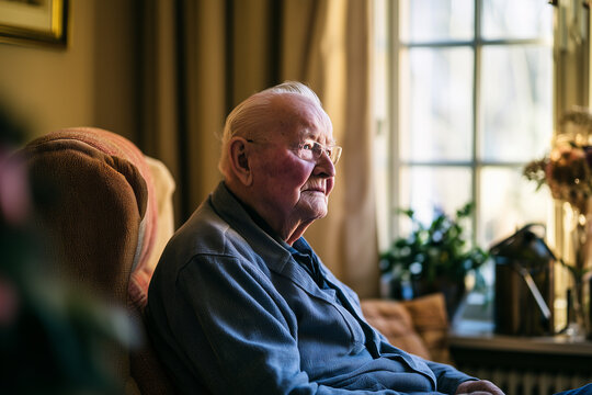 Elderly person at home independent living and healthcare support concept. Senior person sitting in sofa at home, alone. Loneliness.
