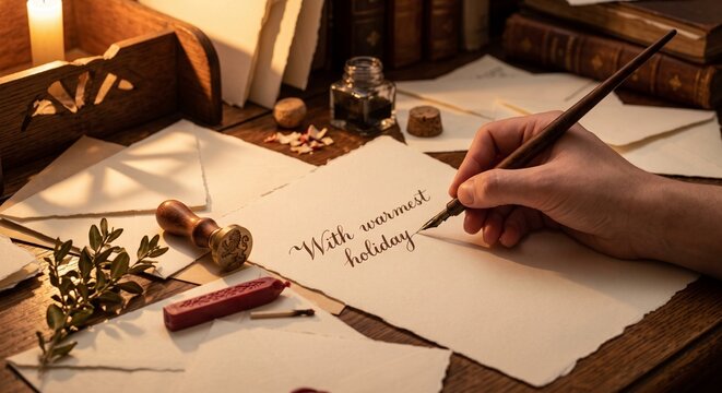 Hand writing a greeting on vintage paper at a wooden desk  