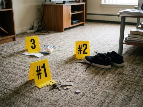Crime Scene Investigation Yellow Markers Evidence Collection In Apartment Interior