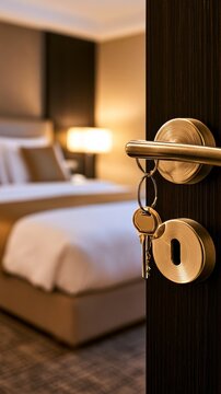 Opening hotel room door with key inviting comfort