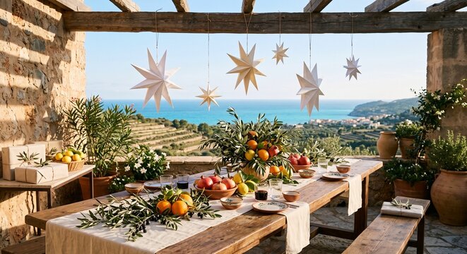 Mediterranean Christmas table setting with fruits, stars, and sea view