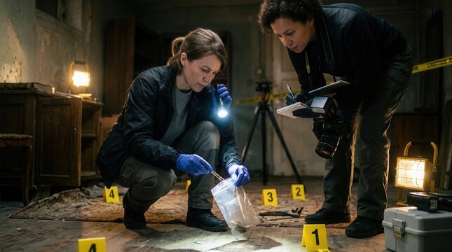 Crime Scene Investigation Team Gathering Evidence With Caution