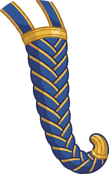 Blue and gold braided hair extension with decorative metal clasps, illustrated hair accessory isolated on a white background