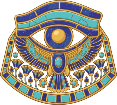 Ancient egyptian eye of horus symbol with winged scarab, lotus flowers, and ornate gold, blue, and turquoise decorative border