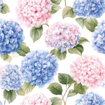 Watercolor seamless pattern of abundant hydrangea blooms in blue and pink on a clean white background, soft illustrative style