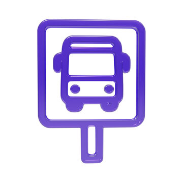 3D purple bus stop sign icon isolated on white background representing public transportation, urban commuting, navigation, and city transit infrastructure design elements