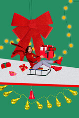 Naklejka premium 3d banner poster creative image collage of happy girl ride sledge carry present box light bulb garland winter holiday present