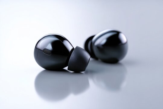 Sleek black wireless earbuds macro