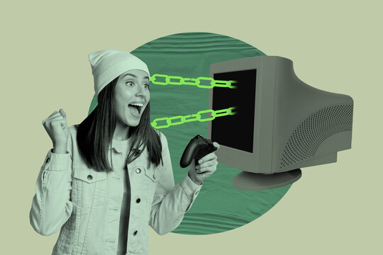 Creative full art collage of happy girl hold game-pad console playing chain trap pc monitor fun addiction influence concept