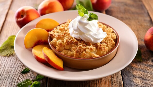 peach crumble with whipped cream and fresh fruit