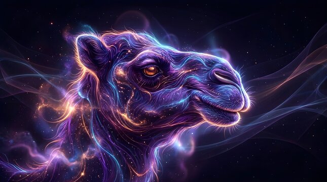 Ethereal camel head portrait featuring radiant glowing purple neon fur with swirling cosmic starlight patterns in a digital art style