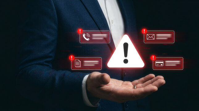 Businessman presenting red warning triangle with fraud icons