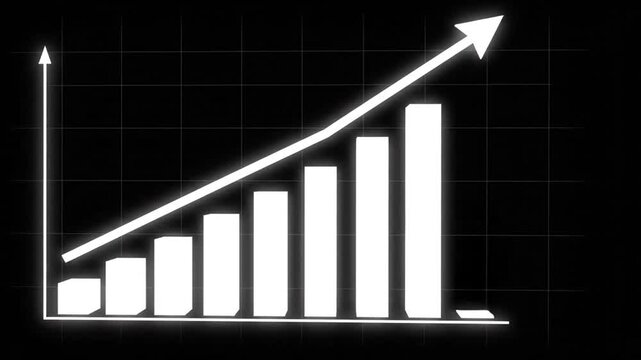 Glowing white bar chart with upward arrow on dark grid background