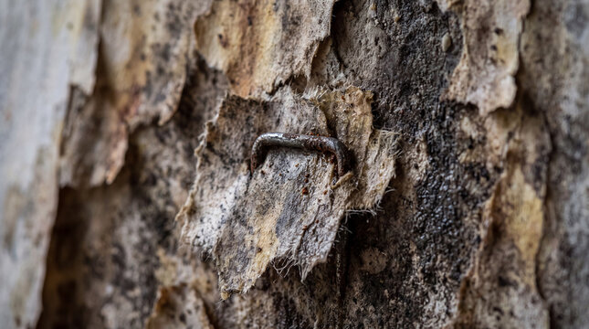 Rusty metal staple embedded in weathered peeling wall surface texture