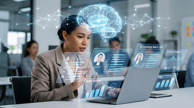 Businesswoman analyzing ai data and human brain interface with digital network in modern office