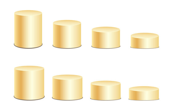 Golden cylindrical podiums set of different heights with shadows for product presentation isolated on transparent background.