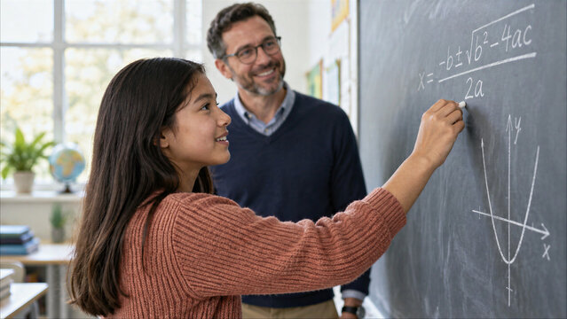 Student solving a quadratic equation with a teacher in class