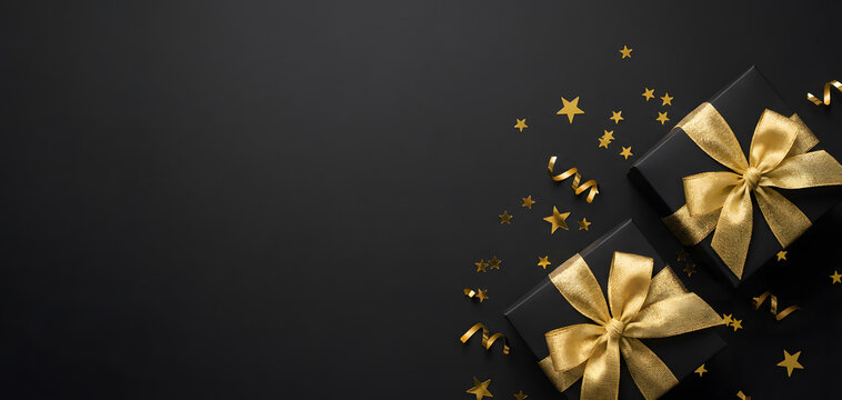 Black Friday sale background with luxury black gift boxes and shiny gold ribbon bows, glitter stars and confetti on dark background.