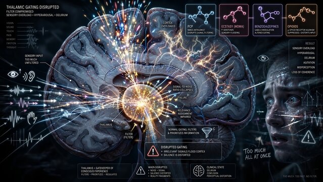 Conceptual visualization of compromised thalamic gating function and disrupted brain connectivity leading to sensory overload and delirium from substance use