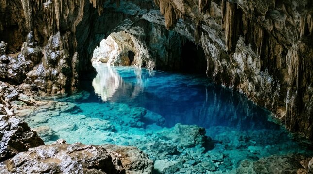 Underground limestone cave with a crystal clear blue pool, stalactites hanging from the rocky ceiling.