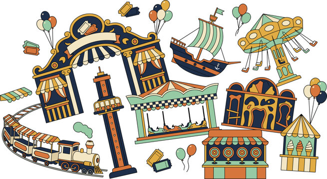 Vintage amusement park elements vector set featuring carnival entrance gate train pirate ship ride and fairground food stalls