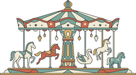 Vintage carousel vector illustration featuring a retro amusement park merry go round with horses swan and unicorn figures © MstLaky