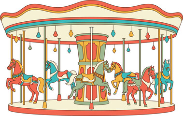 Vintage merry go round vector illustration featuring a retro carnival carousel with colorful horses isolated on white backgroun © MstLaky