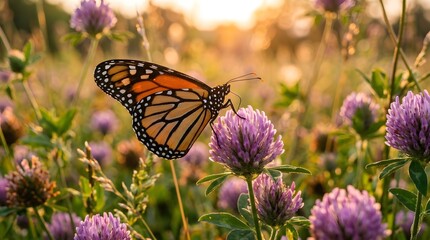 Obraz premium Monarch butterfly perched on a purple clover flower in a sunlit summer meadow with wildlife photography
