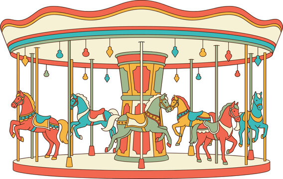 Vintage merry go round vector illustration featuring a retro carnival carousel with colorful horses isolated on white backgroun