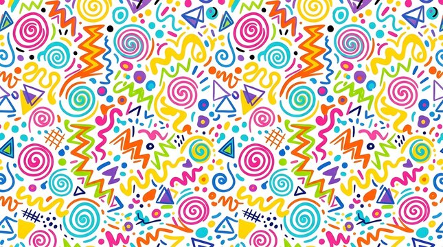 Nineties retro style pattern with colorful doodles squiggles and geometric shapes squiggly lines seamless pattern