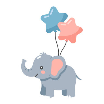 Cute Baby Elephant with Star Balloons Vector Illustration