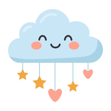 Cute Smiling Cloud with Hanging Stars and Hearts Vector