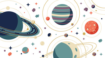 Seamless space pattern vector illustration featuring flat planets rings orbit lines and sparkling stars in a minimalist style © MstLaky
