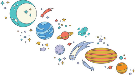 Cute space vector collection featuring hand drawn planets moon comets stars and asteroids in a whimsical doodle style © MstLaky