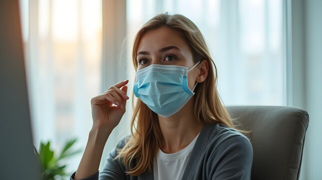 Young Caucasian woman in a face mask, focused on her computer while working remotely in a well-lit indoor space.