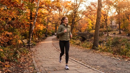 Fototapeta premium Smiling young woman jogging along a stone path in a scenic park during autumn with golden trees and a stone bridge
